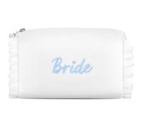 Etercycle Bride Cosmetic Bag, White Satin Bride To Be Makeup Bags Exquisite Embroidery Something Blue Bridal Shower Gifts, Ruffle Toiletry Bag For Engagement Wedding Bridesmaid Bachelorette Party