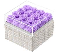 Eterfield Forever Flowers Preserved Roses Real Roses That Last a Year Rose Box Gifts for Her Mothers Day Valentines Day Christmas (Square Gold White Plaid Box, 16 Light Purple Roses)