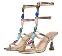 Eteridrey Jeweled Gladiator Sandals for Women Gold Kitten Heel T Strap Sandals Square Open Toe Casual Buckle Strappy Sandals for Summer, 1gold, 6 UK