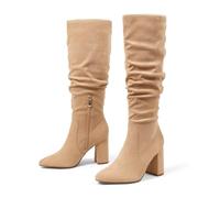 Eteridrey Knee High Boots Womens Chunky Heels Side Zipper Slouchy Boots Comfortable Faux Suede Riding Mid Calf Boots, Apricot, 6 UK