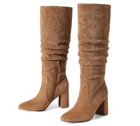 Eteridrey Knee High Boots Womens Chunky Heels Side Zipper Slouchy Boots Comfortable Faux Suede Riding Mid Calf Boots…, Brown, 6.5 UK