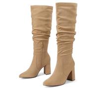 Eteridrey Knee High Boots Womens Chunky Heels Side Zipper Slouchy Boots Comfortable Faux Suede Riding Mid Calf Boots, Apricot, 6.5 UK