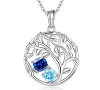 ETERMBOL Personalized 2 Birthstone Tree of Life Necklace 925 Sterling Silver Tree of Life Pendant Cushion&Round Cut Created Gemstone Birthstone Necklace for Women Gifts for GF, Girls Mother Jewelry