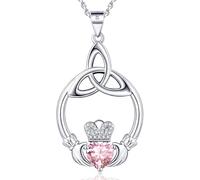 ETERMBOL Pink Birthstone Necklaces for Women 925 Sterling Silver Irish Claddagh Necklace October Heart Birthstone Pendant Necklace Anniversary Birthday Gifts for Wife Lady Girlfriend