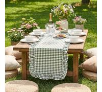 Eternal Beauty 14x72 Gingham Ruffle Table Runner - 100% Washed Cotton Plaid Table Runner with 4" Ruffled Edge - Rustic Farmhouse Checkered Decor for Wedding, Party, Kitchen & Dining Room, Sage Green