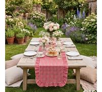 Eternal Beauty 14x72 Gingham Ruffle Table Runner - 100% Washed Cotton Plaid Table Runner with 4" Ruffled Edge - Rustic Farmhouse Checkered Decor for Wedding, Party, Kitchen & Dining Room, Red White