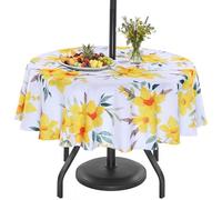 Eternal Beauty 152cm Round Yellow Flower Indoor Outdoor Splashproof Tablecloth with Umbrella Hole and Zipper for Patio Garden Party and BBQ (60")