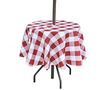 Eternal Beauty 52” Outdoor Round Tablecloth with Umbrella Hole Zipper Spring Summer Round Outdoor Tablecloth for Patio Tables (Burgundy Red Check)