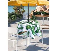 Eternal Beauty 52” Round Tablecloth Waterproof Outdoor Tablecloth with Umbrella Hole Zipper for Spring Summer Patio Picnic Tables (Tropical Palm Leaf)