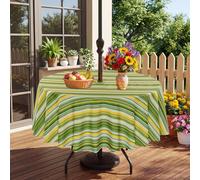 Eternal Beauty 70" Round Tablecloth Waterproof Outdoor Tablecloth with Umbrella Hole Zipper for Spring Summer Patio Picnic Tables (Green Stripe, 70" Round)