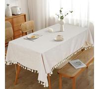 Eternal Beauty Rectangle TableCloth Cotton Faux Linen Table Cloth Wipe Clean Table Cover Tassel for Home Dining Party Restaurant Decoration (140x180cm,Beige)