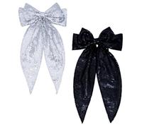 Eternal Beauty Sequin Bow Hair Clip Big Hairpin French Solid Color Barrette Soft air Bowknot Accessories for Women Girls 2Pcs (Silver and Black)