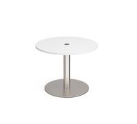 Eternal circular meeting table 1000mm with central circular cutout 80mm - brushed steel base, white top