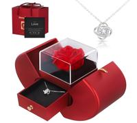 Eternal Flowers Rose with Necklace Apple Gift Box, Real Rose that Never Wither with Four-leaf Clover Eternal Heart Necklace,Romantic Gifts for her on Anniversaries,Birthday Valentine's Day (Red)