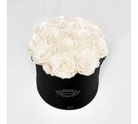 Eternal Petals A 100% Real Roses That Last Years, Handmade in UK - Dozen Roses, Round Black Flower Box (Champagne Satin)