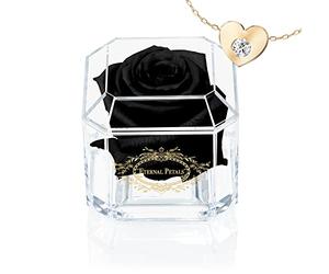 Eternal Petals A Real Rose That Lasts Years, Handmade in UK - Gold Solo with Gift Box, 18 ct Gold plated Heart Necklace with Clear Crystal and Love Message Greeting Card (Black)