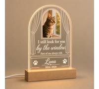 EternalEcho Personalised Cat Memorial Plaque with Photo, Name & Dates, LED Base - By the Window