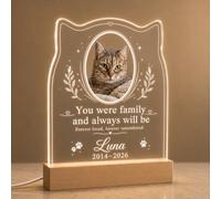 EternalEcho Personalised Cat Memorial Plaque with Photo, Name & Dates, LED Base - Family Always
