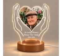 EternalEcho Personalised Memorial Light with Photo | Remember a loved one with your photo and words in a memorial light, featuring hands holding a heart and a wooden LED base.