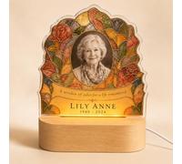 EternalEcho Personalised Memorial Photo Light, Rose Mosaic | Rose and leaf patterns frame your photo, name and dates in a colourful acrylic keepsake with an LED base.