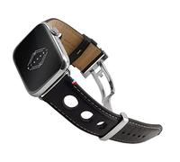 Eternel - Rallye Apple Watch Compatible Band Black 42/44/45/49 mm Stainless Steel Silver Adapters - Handmade French Cowhide Leather - Compatible with all Apple Watch Models - Deployant Clasp
