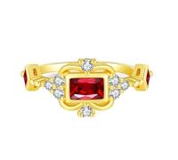 Eternity Band Rings for Women, 9K Gold Ring 375 Yellow Gold Lab Created Ruby 4X6mm Rectangle Shape Elegant Flower Comfort Fit Size M 1/2
