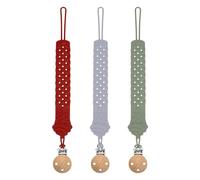 ETETOO Silicone Dummy Clip, 3 Pack Silicone Pacifier Holder with One Piece Design Braided Styles, Wodden Soother Clips Gift (Red+Green+Blue)