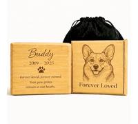 ETGlife Personalized Pet Urn for Dog and Cat Ashes, Custom Laser Engraved Portrait, Name, and Date, Bamboo, Magnetic Lid, Velvet Bag Included, up to 50 lbs