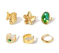 Ethanberg Chunky Gold Rings for Women, Open Adjustable Stackable Rings Set, Baroque Green Gemstone Pearl Flower Stacking Knuckle Rings for Women, Thick Trendy Statement Rings, 6 Pieces Chunky Jewelry
