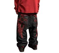 Ethbox Men's Hip-hop Retro Skull Embroidered Washed Denim Pants Y2K Jeans Gothic Straight Tube Loose Wide Leg Pants, Black, Medium