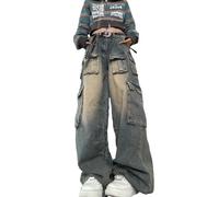 Ethbox Multi Pocket Retro Work Jeans Women's High Waist Loose Y2K Casual Jeans Gothic Wide Leg Pants, Blue, S