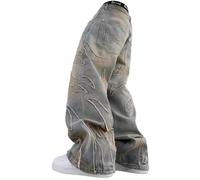 Ethbox Y2K Jeans Men's Hip-hop Retro Flame Splicing Wide Leg Women's Gothic Straight Tube Loose Jeans, Mud Color, S