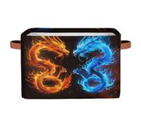 Ethebre Abstract Blue Red Fire Dragons Storage Basket with Leather Handles, Foldable Fabric Storage Bin Large Collapsible Organizer for Clothes Toys Laundry Bathroom Nursery 15x11x9.5 In