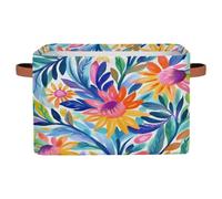 Ethebre Abstract Cartoon Flower Storage Basket with Leather Handles, Foldable Fabric Storage Bin Large Collapsible Organizer for Clothes Toys Laundry Bathroom Nursery 15x11x9.5 In