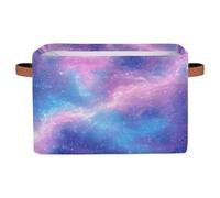 Ethebre Abstract Galaxy Marble Print Storage Basket with Leather Handles, Foldable Fabric Storage Bin Large Collapsible Organizer for Clothes Toys Laundry Bathroom Nursery 15x11x9.5 In