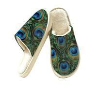 Ethebre Abstract Peacock Feathers Pattern House Slippers for Women Men, Cozy Warm Plush Indoor Home Shoes Closed Toe Memory Foam Winter Bedroom Slippers with Non Slip EVA Sole (Size 11-11.5)