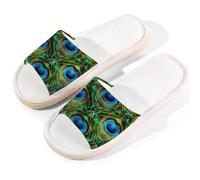 Ethebre Abstract Peacock Feathers Pattern Open Toe House Slippers for Women Men Breathable Linen Home Sandals with Anti Slip EVA Sole Summer Comfortable Indoor Shoes Spa Guest Use Size L