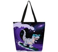 Ethebre Abstract Universe Funny Dinosaur Canvas Tote Bag for Women Reusable Shoulder Handbag with Inner Zipper Pocket Cute Printed Casual Daily Work Travel Shopping Grocery Tote Gift