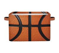 Ethebre Basketball Texture Pattern Storage Basket with Leather Handles, Foldable Fabric Storage Bin Large Collapsible Organizer for Clothes Toys Laundry Bathroom Nursery 15x11x9.5 In