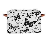 Ethebre Black Butterfly Pattern Storage Basket with Leather Handles, Foldable Fabric Storage Bin Large Collapsible Organizer for Clothes Toys Laundry Bathroom Nursery 15x11x9.5 In
