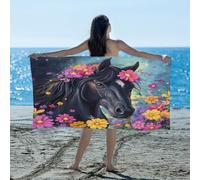 Ethebre Black Horse Colorful Flowers Beach Towel 155x78 cm, Quick Dry Microfiber Sand Free Towel for Beach Pool Travel Lightweight Absorbent Bath Towel for Adults Kids Swimming Camping Yoga