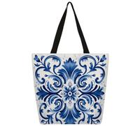 Ethebre Blue White Flower Ceramic Pattern Canvas Tote Bag for Women Reusable Shoulder Handbag with Inner Zipper Pocket Cute Printed Casual Daily Work Travel Shopping Grocery Tote Gift