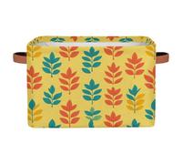 Ethebre Cartoon Colorful Leaves Storage Basket with Leather Handles, Foldable Fabric Storage Bin Large Collapsible Organizer for Clothes Toys Laundry Bathroom Nursery 15x11x9.5 In