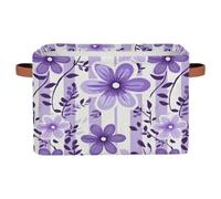 Ethebre Cartoon Cute Purple Flowers Storage Basket with Leather Handles, Foldable Fabric Storage Bin Large Collapsible Organizer for Clothes Toys Laundry Bathroom Nursery 15x11x9.5 In