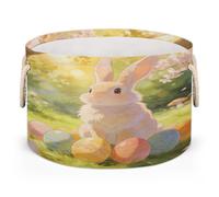 Ethebre Cherry Blossom Easter Bunny Eggs Round Storage Basket for Laundry & Toys, Lightweight Fabric Laundry Hamper with Handles, Foldable Large Organizer Bin for Bedroom Bathroom Nursery Dorm
