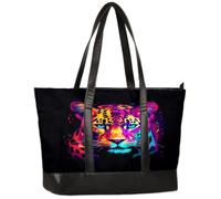 Ethebre Colorful Neon Leopard Jaguar Canvas Computer Bag for Women, 15.6 Inch Laptop Tote Bag with Leather Handle, Large Capacity Shoulder Work Bag for Office Business Travel School