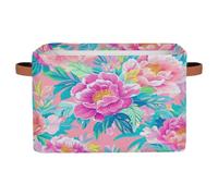 Ethebre Colorful Peony Flowers Storage Basket with Leather Handles, Foldable Fabric Storage Bin Large Collapsible Organizer for Clothes Toys Laundry Bathroom Nursery 15x11x9.5 In