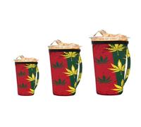 Ethebre Colorful Striped Cannabis Leaves Iced Coffee Sleeve with Handle, Reusable Washable Neoprene Cup Holder Set of 3, Insulated Anti-Slip Drink Sleeve for 16-32 oz Cups