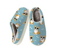 Ethebre Cool Corgi Dogs Bones Pattern House Slippers | Warm Fuzzy Indoor Slippers, Closed Toe Non Slip TPR Sole, Low Back Slip On Bedroom Shoes for Women Men Home Dorm Office