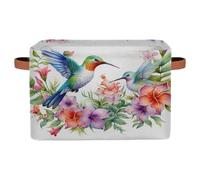 Ethebre Flower Hummingbird Pattern Storage Basket with Leather Handles, Foldable Fabric Storage Bin Large Collapsible Organizer for Clothes Toys Laundry Bathroom Nursery 15x11x9.5 In
